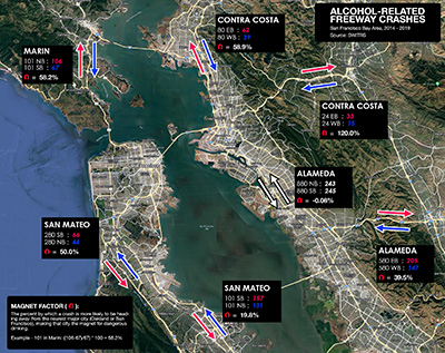 A small map of the Bay Area with labels of alcohol-related crashes on freeways