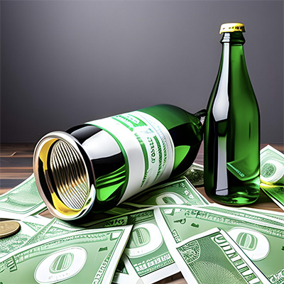 an AI generated image of two green bottles laying atop a pile of what is probably currency - we are not swearing by this strategy to avoid copyright infringement but it will do for now