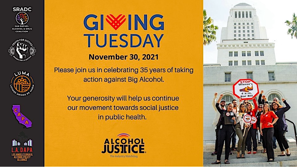 A banner showing alcohol activists rallying at the LA City Hall, and reminding readers that the next Giving Tuesday is November 30, 2021
