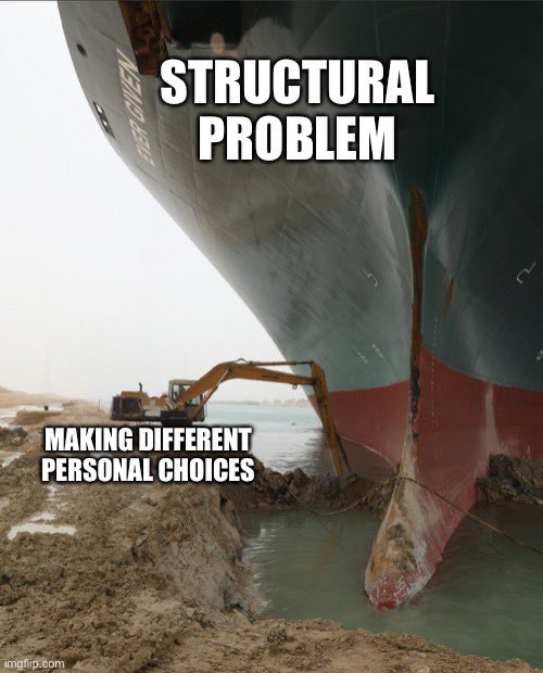 a backhoe digging at the sand next to an enormous container ship that has run aground, the ship is labeled "structural problem" while the backhoe is labeled "making different personal choices"