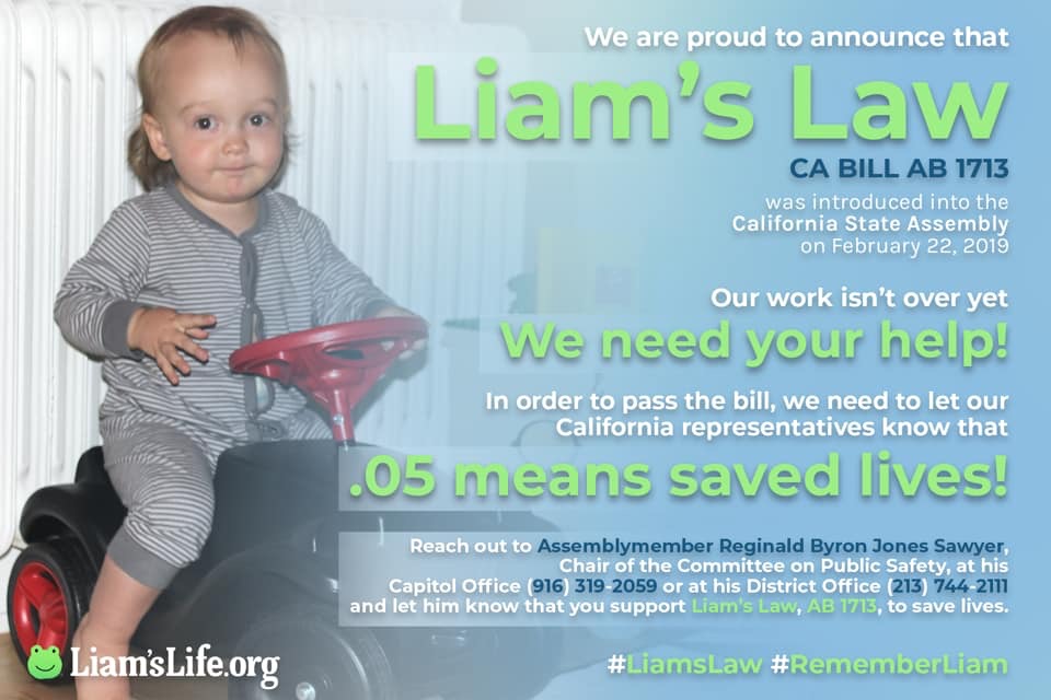 Liam's Law seeks to lower the DUI threshold in California from 0.08 to 0.05 percent BAC