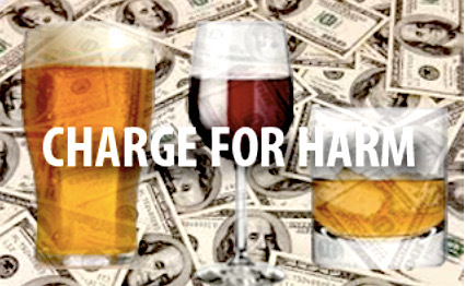 A glass of beer, a glass of wine, and a glass of a dark spirit in a line against a background of dollar bills with the words "charge for harm" in the foregraound