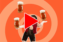 A man juggles foamy steins of beer, inviting you to click to watch the Alcohol Justice eNews
