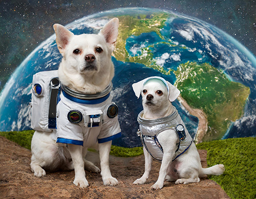 two dogs dressed as astronauts soberly watch over the earth