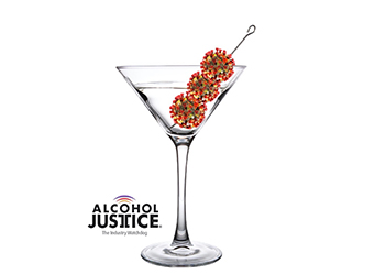 A martini glass with COVID viruses instead of martinis on a toothpick