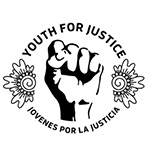 a fist clenched between two central american-style rosettes and the titles "youth for justice" and "jovenes por la justicia" wrapped around it