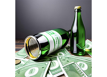 AI-generated image of creepy bottles sitting atop a pile of money