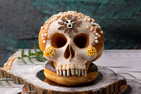 A donut in the shape of a skull with a dia de los muertos aesthetic, resting on top of a chocolate donut
