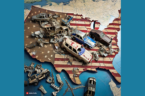 A wooden map of the United States painted with the star-spangled banner and covered with destroyed model cars
