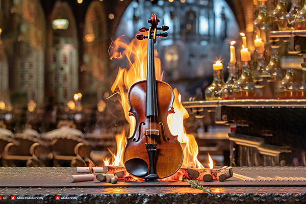 a violin on fire inside of what might be a regal old bar