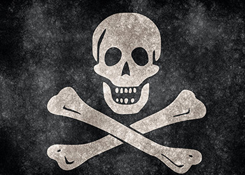 a faded and battered black flag with the skull and crossbones upon it