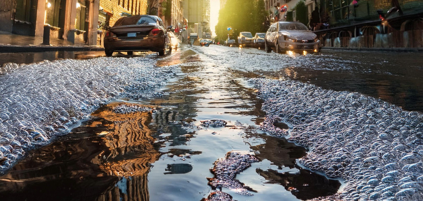 with yellow dusky light, a city street is flooded with a bubbly liquid