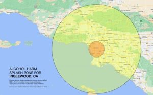 Alcohol Harm Splash Zone For Inglewood, CA Circles denote distance traveled before receiving DUI Red = 7 mi from Intuit Arena Yellow = 40 mi from Intuit Arena 