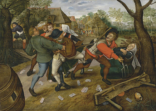 A paintig of several medieval peasants fighting. On is hitting another with a grain flail (nunchaku, basically), while three others tangle in a melee. Cards and jugs are strewn on the ground. There is NO ACCOUNTABILITY HERE.