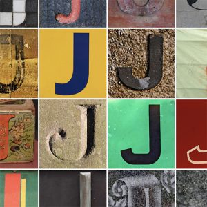 Tiles of the letter "J" in many colors with many backgrounds
