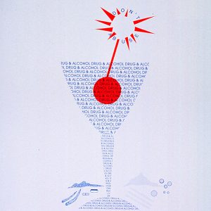 Blue text on a light blue background. The text reads "alcohol and drugs" over and over, and assumes the shape of a martini glass. In the glass floats a red "olive on a stick". The end of the stick has red flares, as if it were the fuse of a bomb. Within the flares are the words "stop abuse".