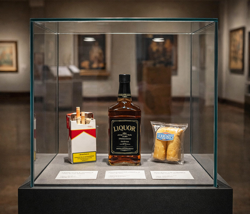 In a museum, a vitrine stands with a trio of objects: cigarettes, alcohol, and a snack cake labelled "SANDCAKE" just to make it clear we used AI like giant dorks.